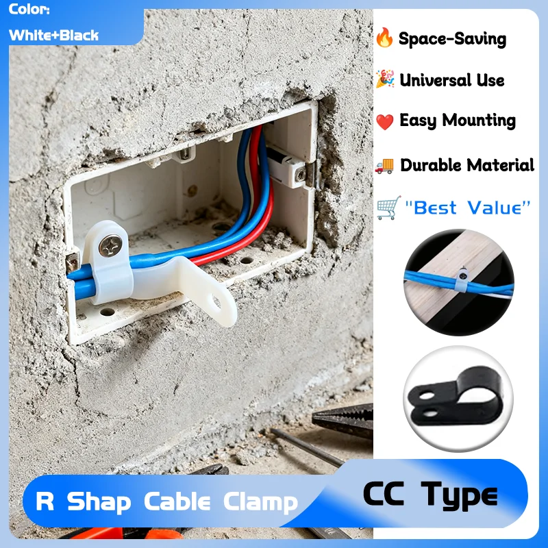 

R Shap Cable Clamp CC Type Wire 10pcs Holder Cabinet Backplane Line Managenmen Tie Clips Winder Mounting Organizer Reusable Cord