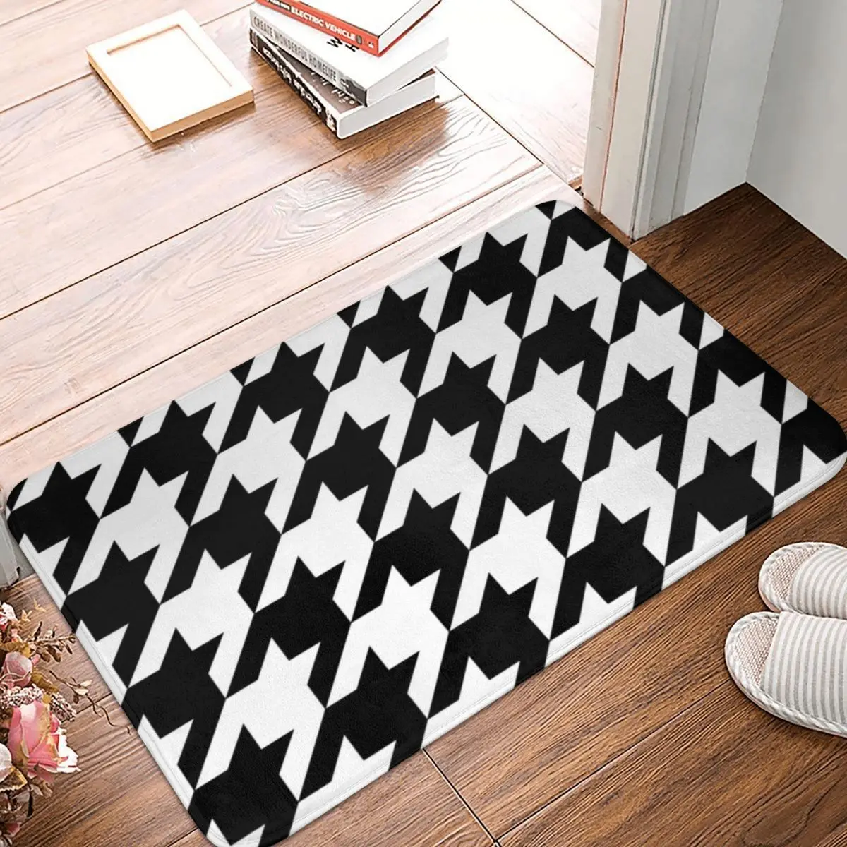 Trendy Black And White Houndstooth Non-slip Doormat Floor Mat Washable Carpet Rug for Kitchen Entrance Home Bedroom Footpad Mats