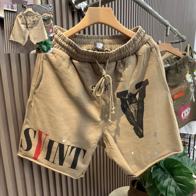 

Summer New Heavy American Sweatpants High Street Hip Hop Cotton Printed Shorts Ink Splashing Hipster Elastic Waist Men's Pants