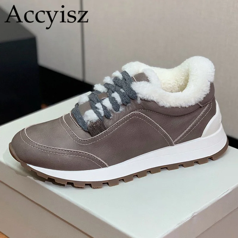 

Autumn Winter Real Leather String Bead Fashion Sneakers Women Mixed Color Lace Up Flat Shoes Thick Sole Wool Lining Casual Shoes