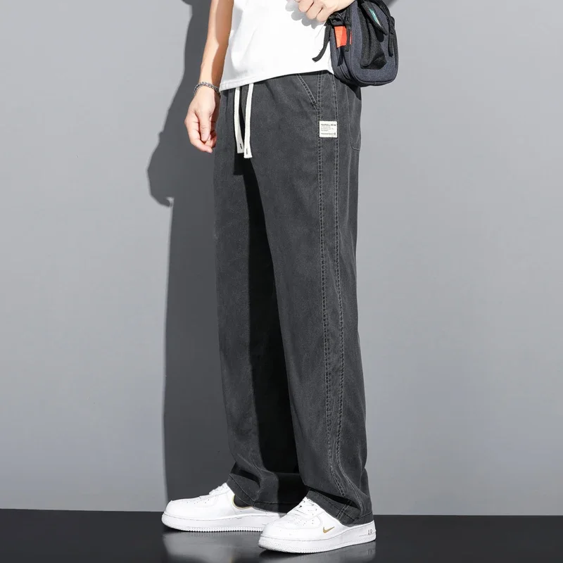 2024 Summer Soft Fabric Men's Jeans Thin Loose Straight Pants Drawstring Elastic Waist Korea Casual Trousers Plus Size M-5XL