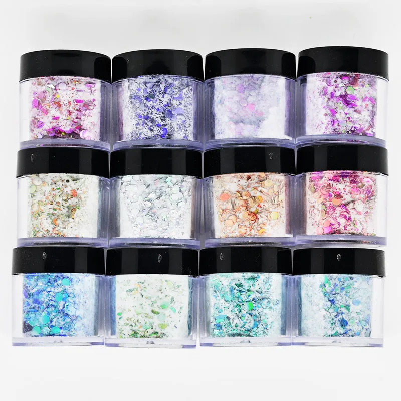 Polvo de inmersión de lentejuelas hexagonales con purpurina, 10ml/tarro, 12 colores, polvo de inmersión de uñas francés, No necesita lámpara de uñas, polvo de curado, polvo acrílico DIY