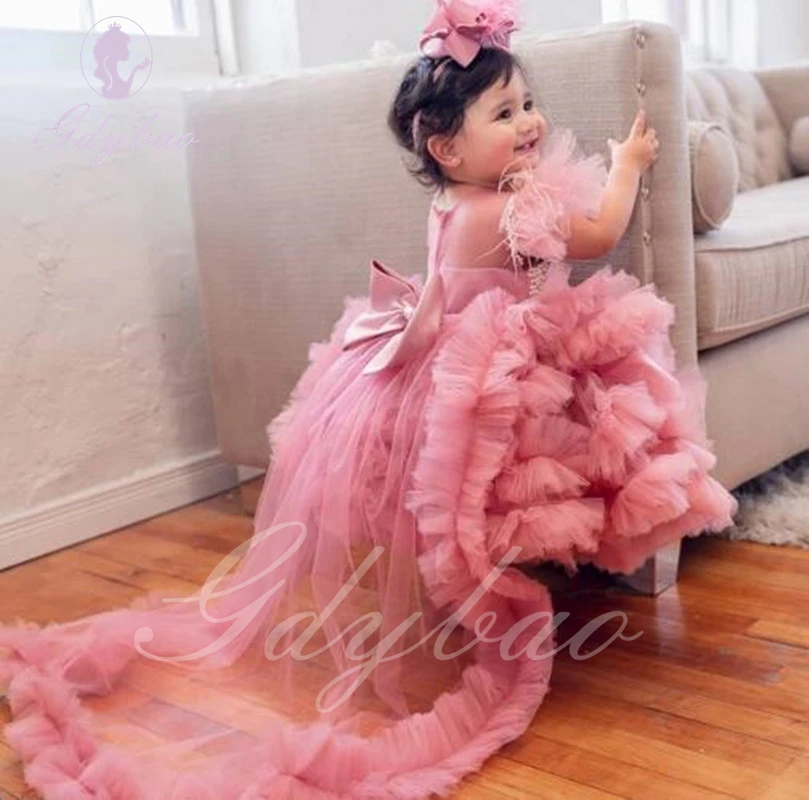 

Pink Pearls Flower Girl Dress For Wedding Layered Puffy Tulle With Bow Kids Birthday Party First Communion Baby Ball Gown