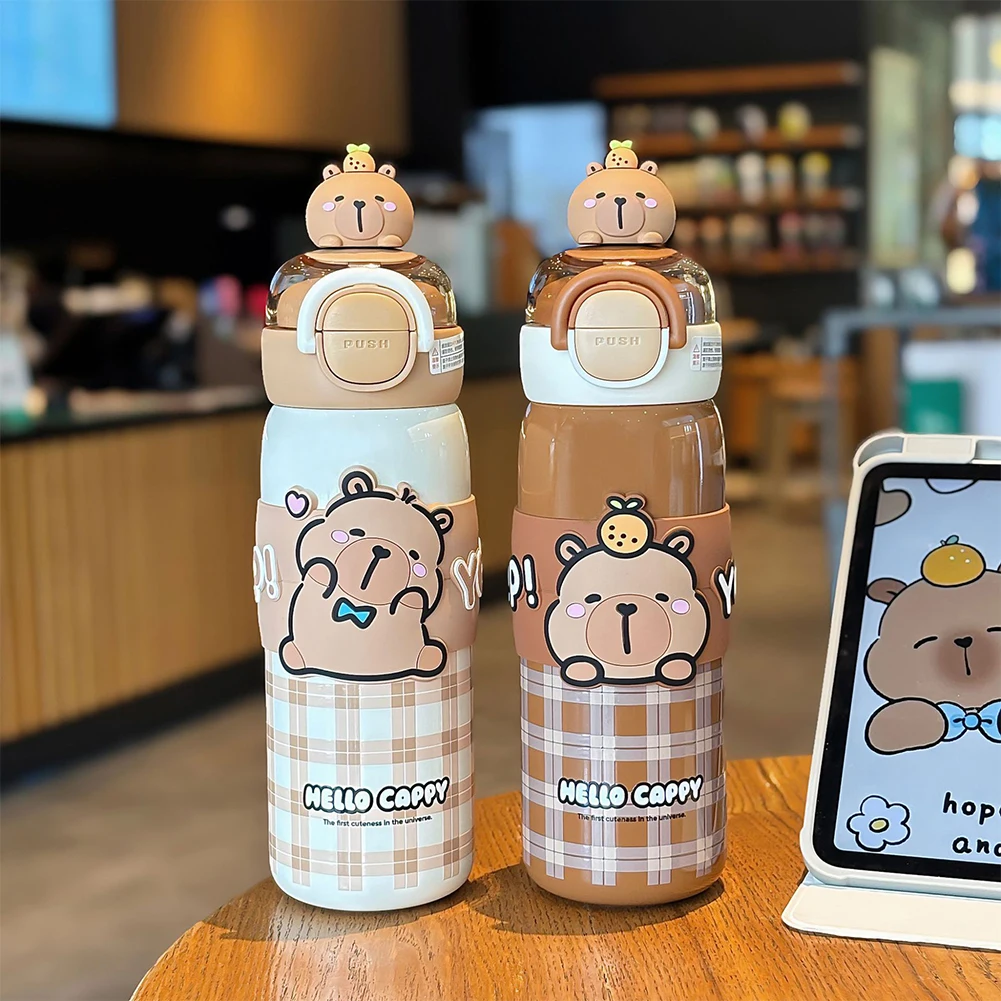 

520ml Capybara Anime Kawaii Sports Water Bottle with Lid & Silicone Straw Drinking Cup Vacuum Insulated Tumbler for Kids & Girls