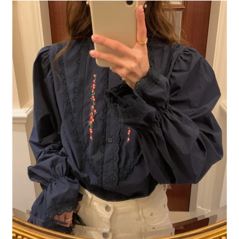 Fashion Spring Shirts for Women Clothes Embroidered Lace Y2k Top Splicing Long-sleeved Blouse Round Neck Loose Casual Cardigan