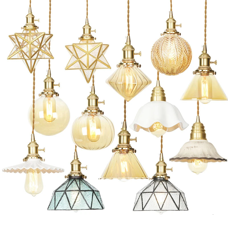 Modern Copper Glass LED Pendant Lamp Gold Switch Living Room Bedroom Green Amber White Nordic Hanging Lights Luminaria Hanglamp