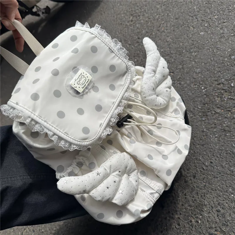 Cute Polka Dot Backpack With Angel Wings Lace Drawstring Rucksack Kawaii School Bag Casual Travel Daypack Fashion Shoulder Bag
