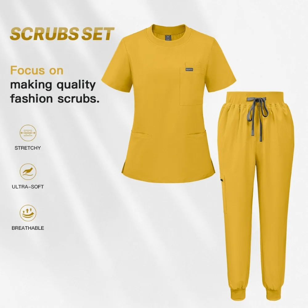 Stretch Scrubs Women Set Nursing Uniforms Clinical Scrubs Set Nurse Doctor Dustproof Workwear Medical Scrubs Top+ Jogger Pants