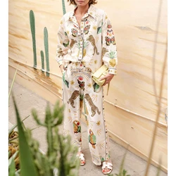 Women's Y2K 2Piece Aesthetic All-over Printed Set Long Sleeve Lapel Button T-Shirt+Elastic Waist Wide Legs Long Pants