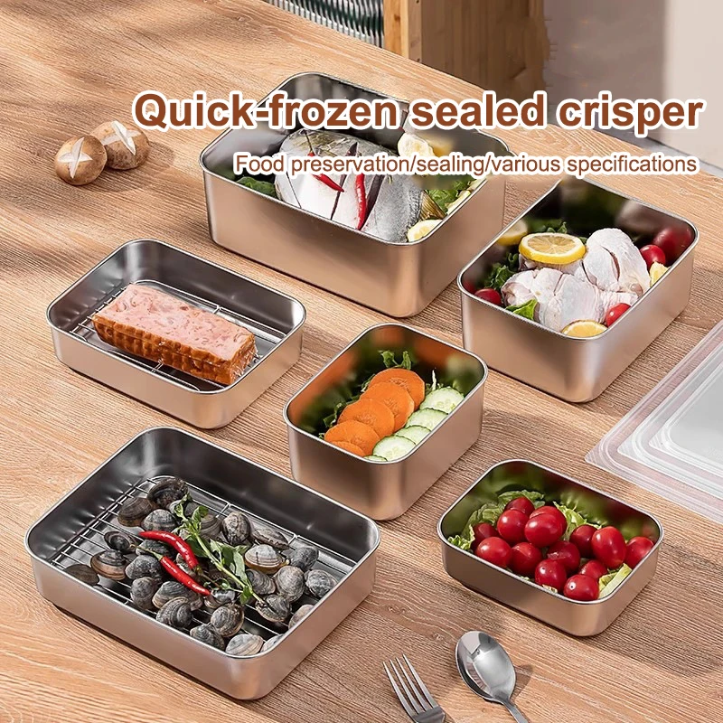 Stainless Steel Fresh-Keeping Box Equipped Vegetable Small Ingredient Box Sealed Lid Refrigerator Food Fresh-Keeping Fruit Box