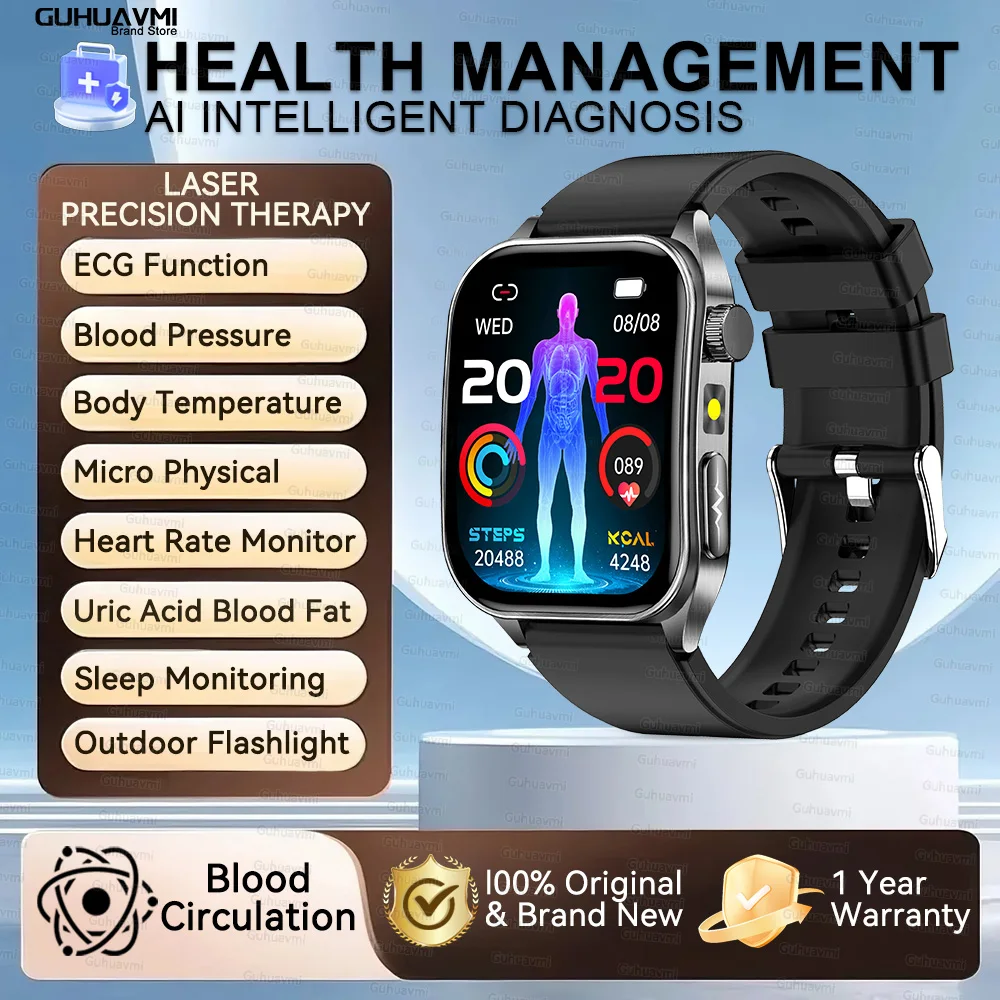 2026 Nieuwe Gezondheid Smart Horloge Laser Therapie Verminderen Drie Hoogtepunten Bloed Zuurstof Druk Urinezuur Bloed Lipide ECG Smartwatch Voor Man