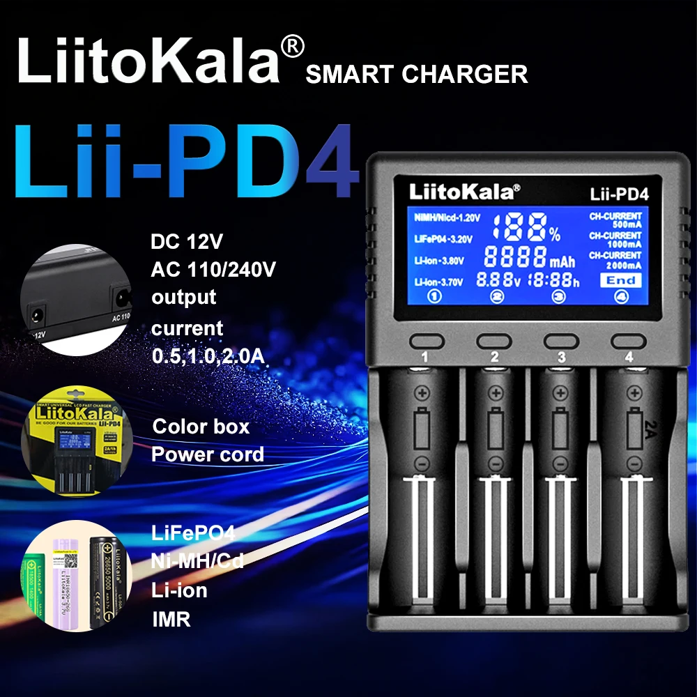 

LiitoKala Lii-PD4 LCD Lithium-Battery Charger for 18650 18350 18500 16340 21700 20700 20700 10440 14500 26650 & AAA NiMH 1.2V
