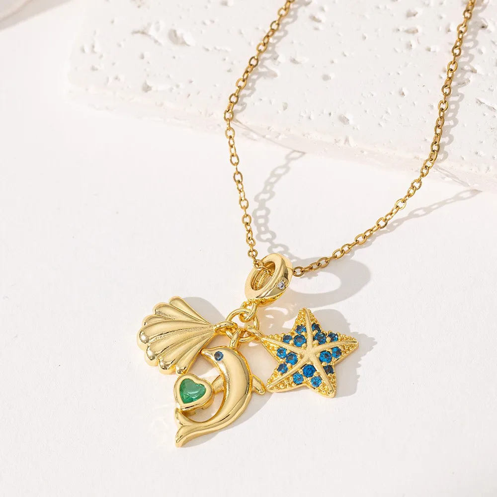 ฤดูร้อนสไตล์ชายหาดแฟชั่นและหรูหราอุปกรณ์เสริมรูปหัวใจ Dolphin ปลาดาว TITANIUM STEEL สร้อยคอผู้หญิงชุด