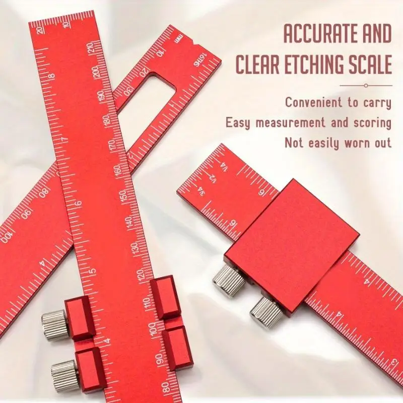 3Pcs/set T-Ruler - Ergonomic Aluminum Pocket Square with Metric/Inch Measurements and Slide Stops Precision Woodworking