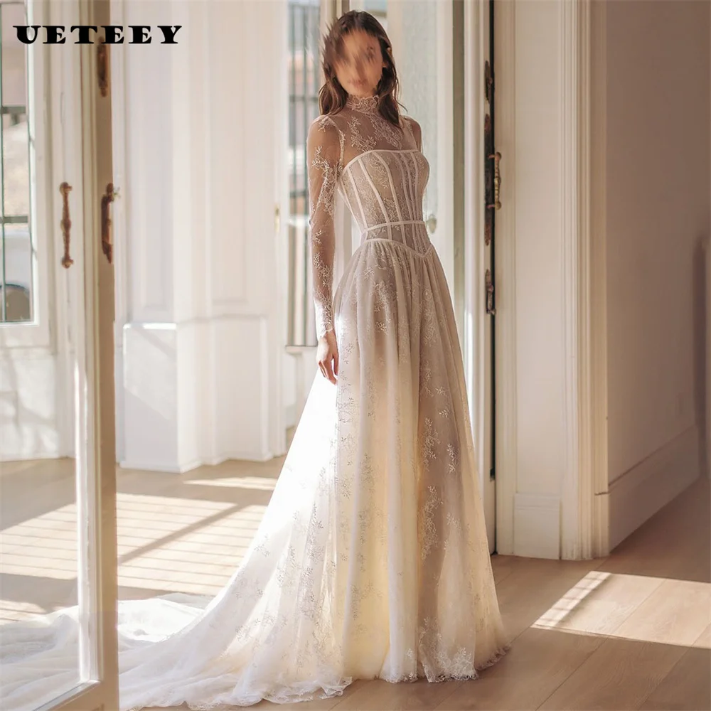 UETEEY Customized Elegant Lace High Neck A Line Wedding Dress Illusion Zipper Back Floor Length Court Train Bridal Gown