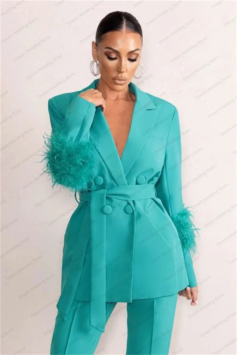 Sky Blue Women Suits Pants Set 2 Pcs Blazer+Trousers Ostrich Feather Jacket With Belt Custom Made Fashion Prom Dress Coat