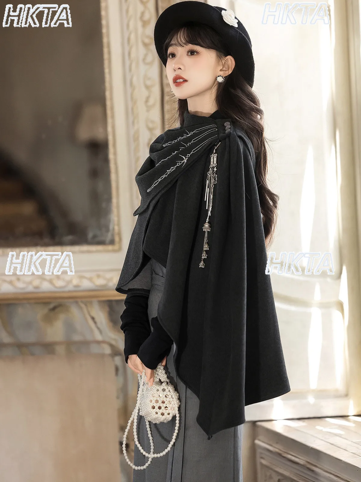 New Chinese Autumn Suit Ladies Retro Elegant Temperament Ruffle Edge Woolen Cloak Black Coat Slim Knitted Top A Line Skirt Women