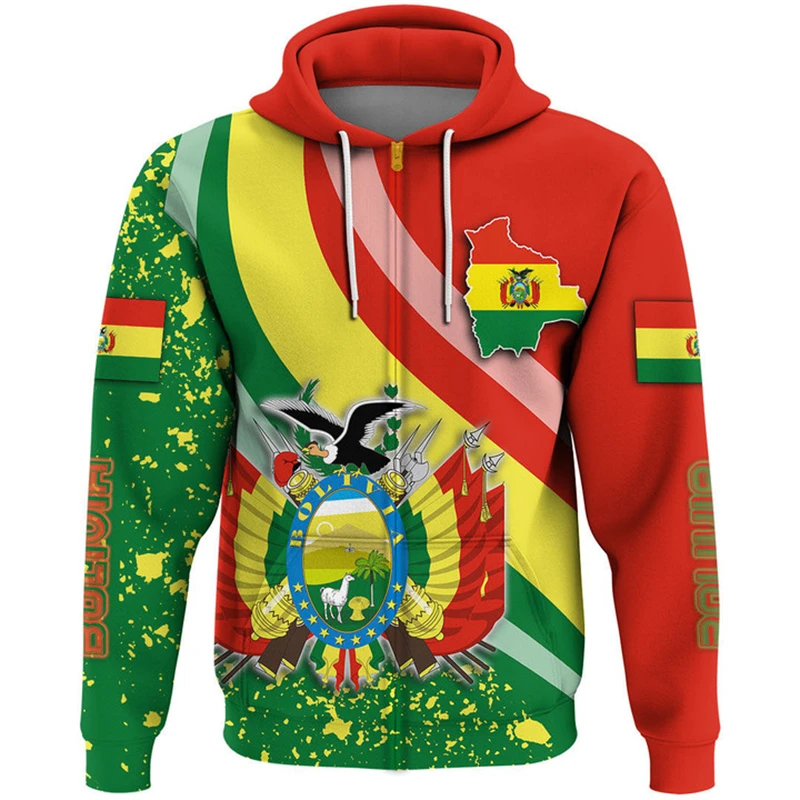 3D Printed Men\'s Bolivia Flag Hoodie Long Sleeve Casual Zipper Jacket Sweatshirt Sportswear For Men Women Pullovers Hoodies 2024