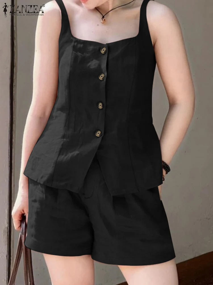 

ZANZEA/2020 летние женские короткие комплекты, короткие брюки для поездок на работу, наряды в стиле старых денег, однотонная рубашка без рукавов, костюмы из 2 предметов