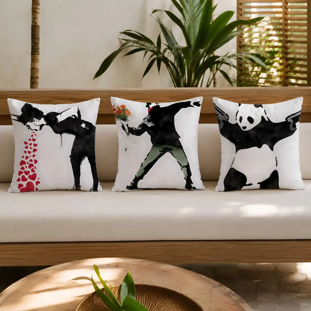 Cushion Cover Double-Sided Plush Sofa Cushion Covers Organic Breathable Invisible Zipper B-Banksy Street Graffiti Art