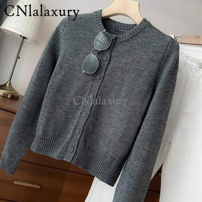 CNlalaxury 2023 Autumn Winter New Women Round Neck Simplicity Solid Color Fashion Temperament Cardigan Sweater Coat Tops Chic