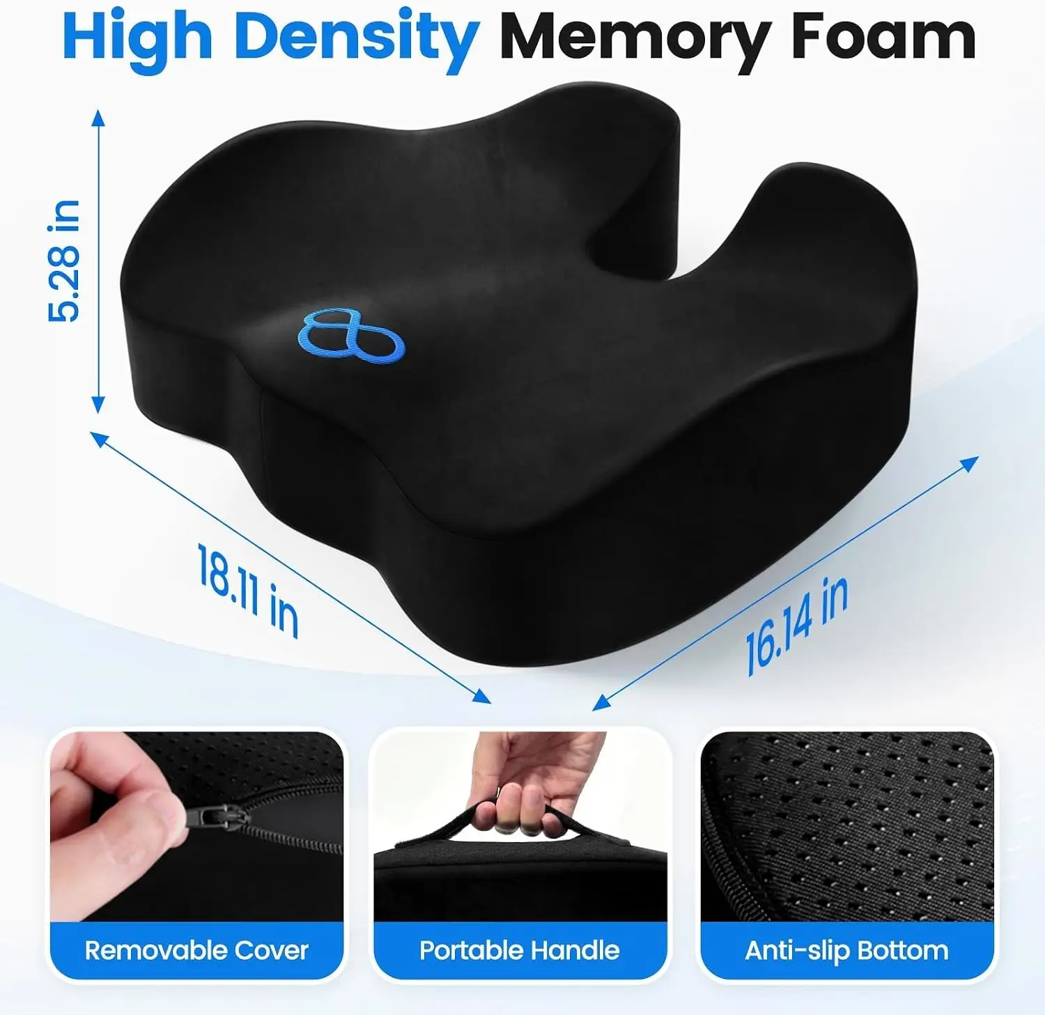 Memory Foam Seat Cushion with Handles, Non-Slip Coccyx Support Pillow for Car Office Chair, Black-XL