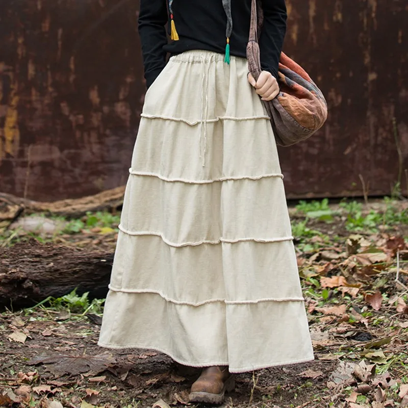 High Waist Cotton Linen Casual Skirt Women New 2024 Winter Vintage Style Solid Color Loose Female Thick Warm A-line Skirts M148