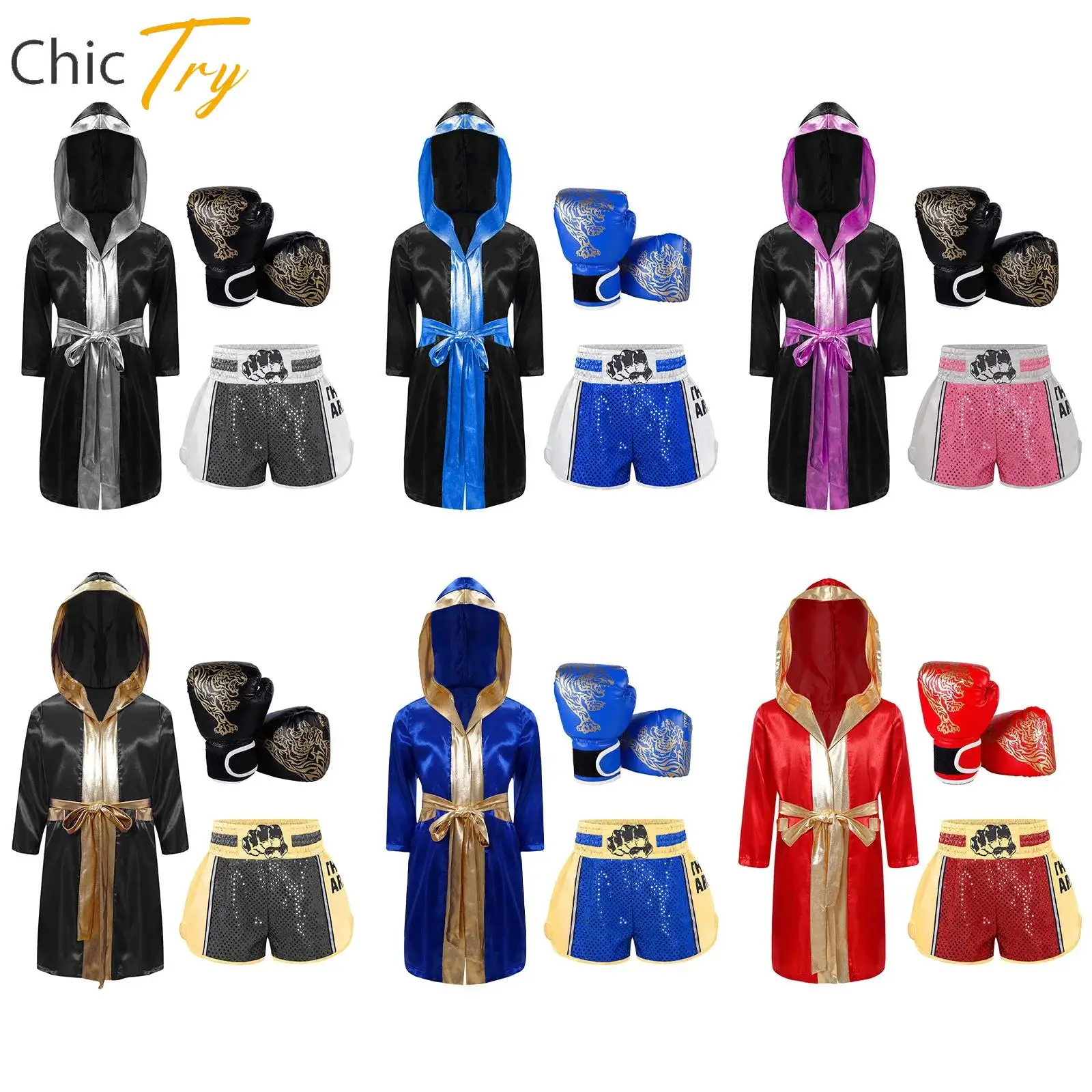 

Boys Girls Boxing Robe Training Outfit Cosplay Costumes Long Sleeve Satin Hooded Robe with Shorts And Gloves for Halloween Party