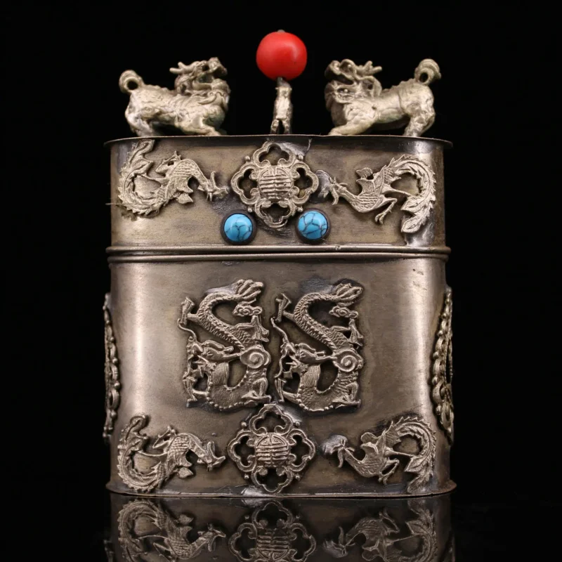 

Tibetan Silver Inlaid Gems Flying Dragon Tea Box Antique Decoration