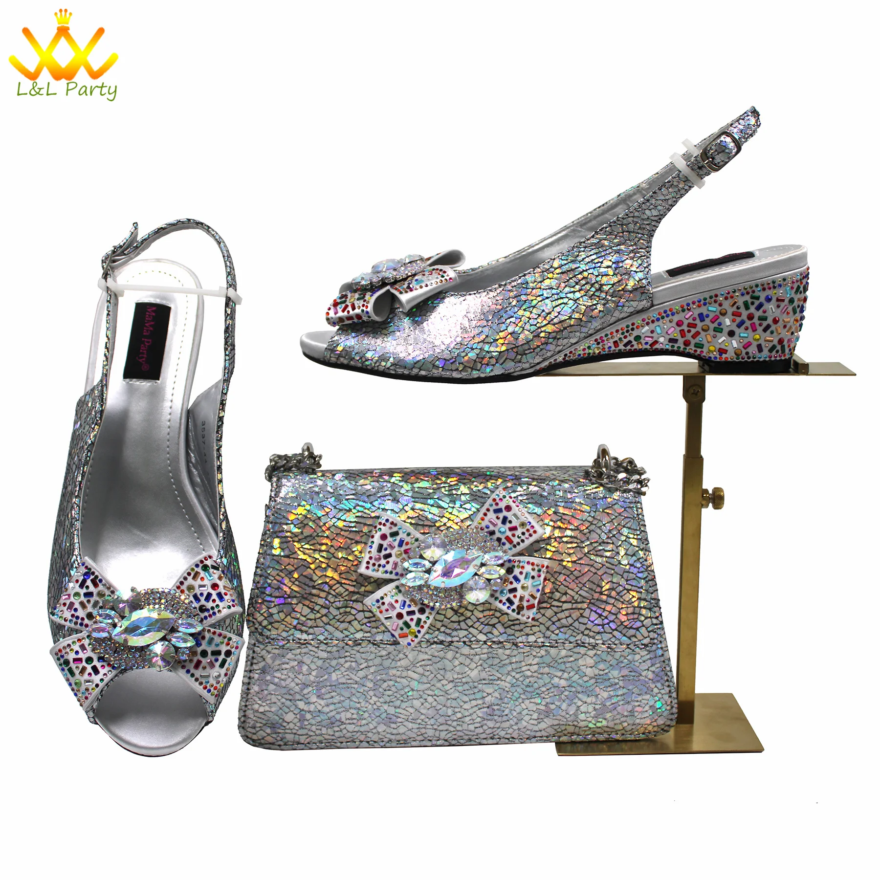 Platform New Arrivals 2025 Autumn Winter INS Hot Sale in Silver Color High Quality Women Shoes and Bag Set for Party