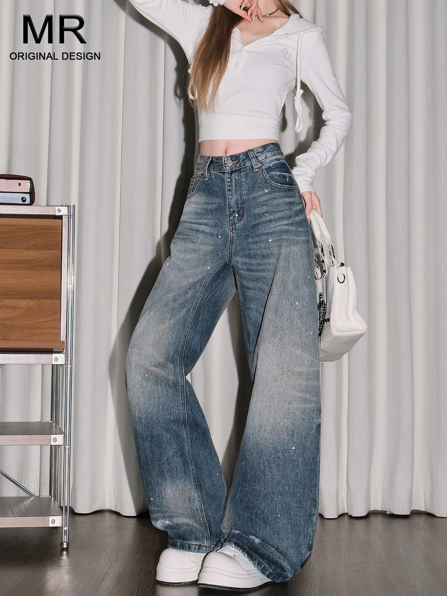 

Женские джинсы из денима с эффектом потертости, с высокой талией, свободного кроя, широкие штанины, весна 2026, новый стиль, повседневный американский стиль