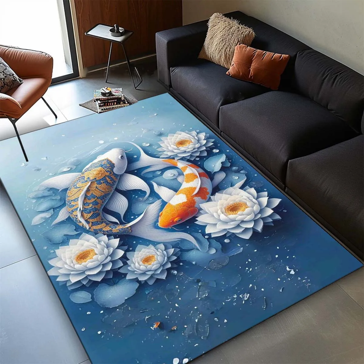 Flannel Printed Koi Fish Rug Water Lily Design Soft Fleece Floor Mat Living Room Carpet Zen Decor Rugs