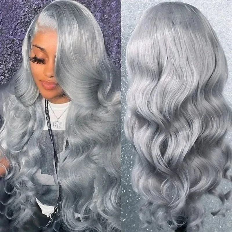 رمادي الباروكات طويل الجسم موجة الدانتيل شعر مستعار أمامي 13x4 HD قبل قطعها الاصطناعية مقاومة للحرارة شعري طبيعي الألياف الشعر اليومي تأثيري