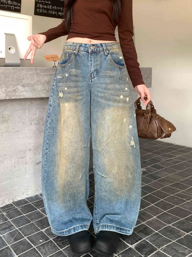 

2026 American Retro Y2K Style Washed Blue Baggy Ripped Women's Jeans Pants For Woman Clothing Wide Leg Distressed Denim Trousers
