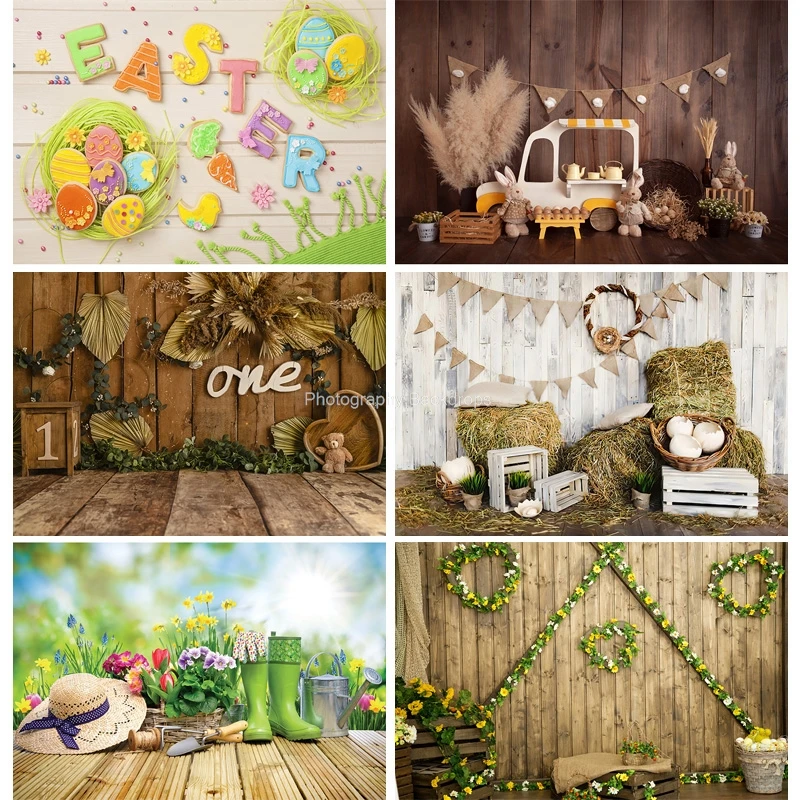 

ZHISUXI Green Spring Easter Day Photography Backdrops Props Hare Rabbits Colorful Eggs Wood Photo Studio Background FJ-02