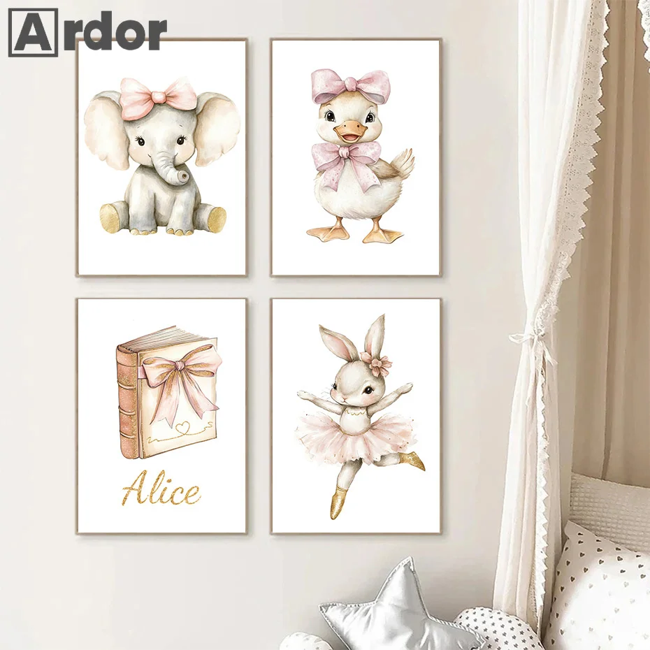 

Custom Name Animals Elephant Ducks Rabbit Poster And Print Canvas Printing Animal Wall Art Pictures Baby Kids Room Decor Cuadros