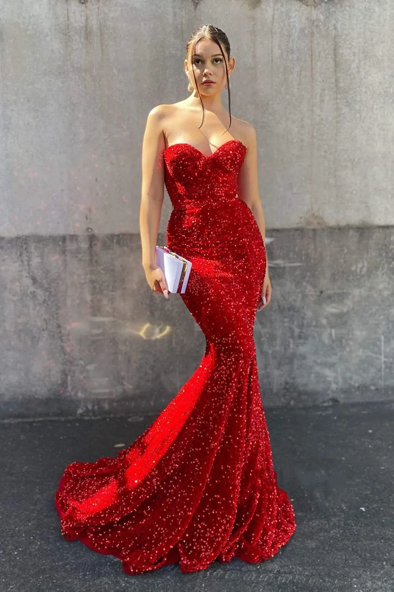 Red Evening Dresses Mermaid Sequined Sparkly High Slit Sexy Formal Party Backless Corset Wedding Prom Gowns Custom made