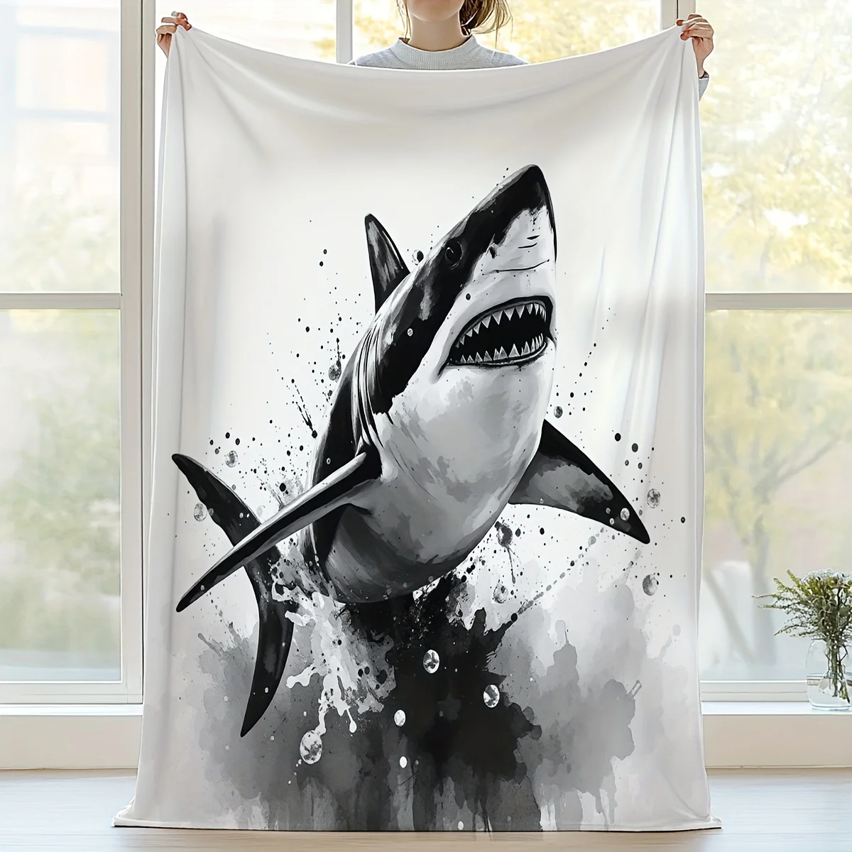 

1 шт. черно-белое одеяло с акулой — реалистичный дизайн «Атака великой белой акулы» с зубами акулы и схемой цвета серого/черного/белого цвета