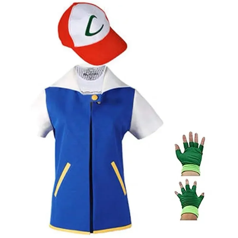 Anime Cosplay Ash Ketchum Clothes Men Blue Jacket Costume Boys Girls Cosplay for Party Trainer Cap Gloves Set