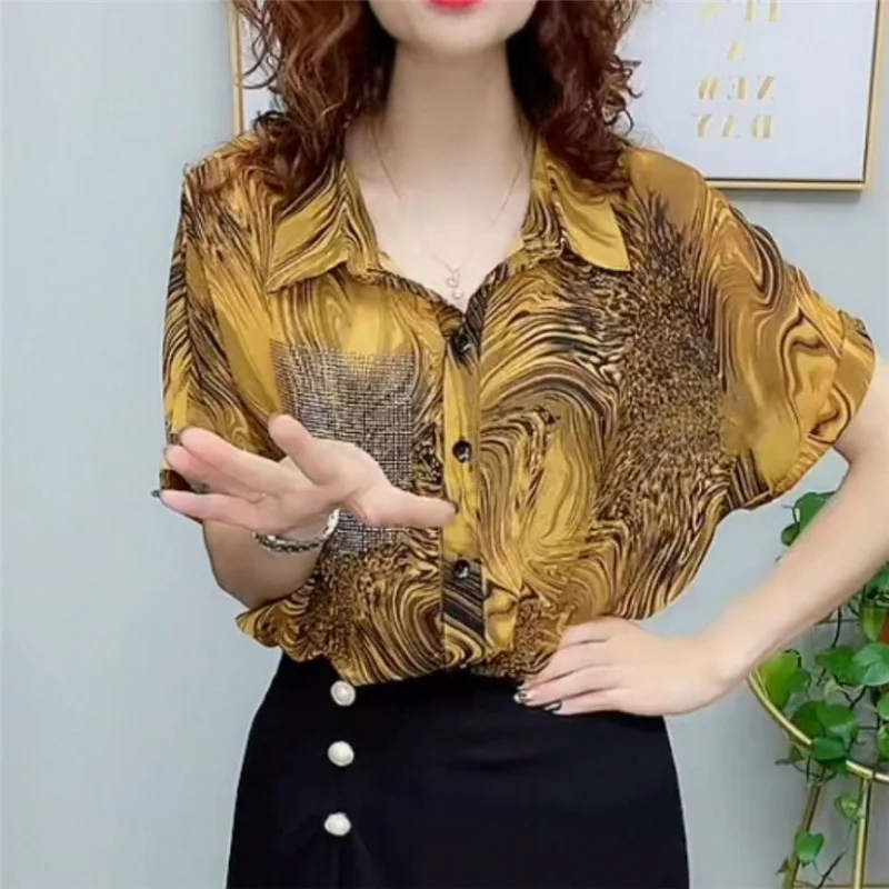 Retro Rhinestone Leopard Print Fashion Loose Street Shirts for Women Summer Casual Lapel Short Sleeve Top Blouse Blusas Clothes