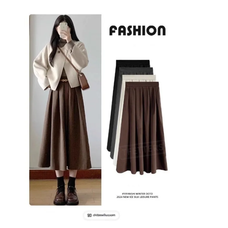 TFETTERS Korean Style Woolen Long Skirt Ladies Elastic Waist Pleated Flowy Midi Skirt Fall Winter Thick Warm A Line Casual Skirt