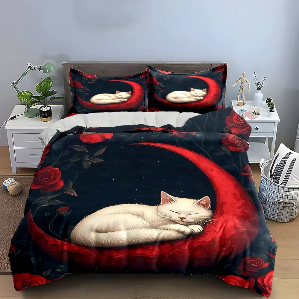White Cat Rose Moon Decor Bedding Set with 1 Duvet Cover 2 Pillowcases Single Double King Queen, Gift