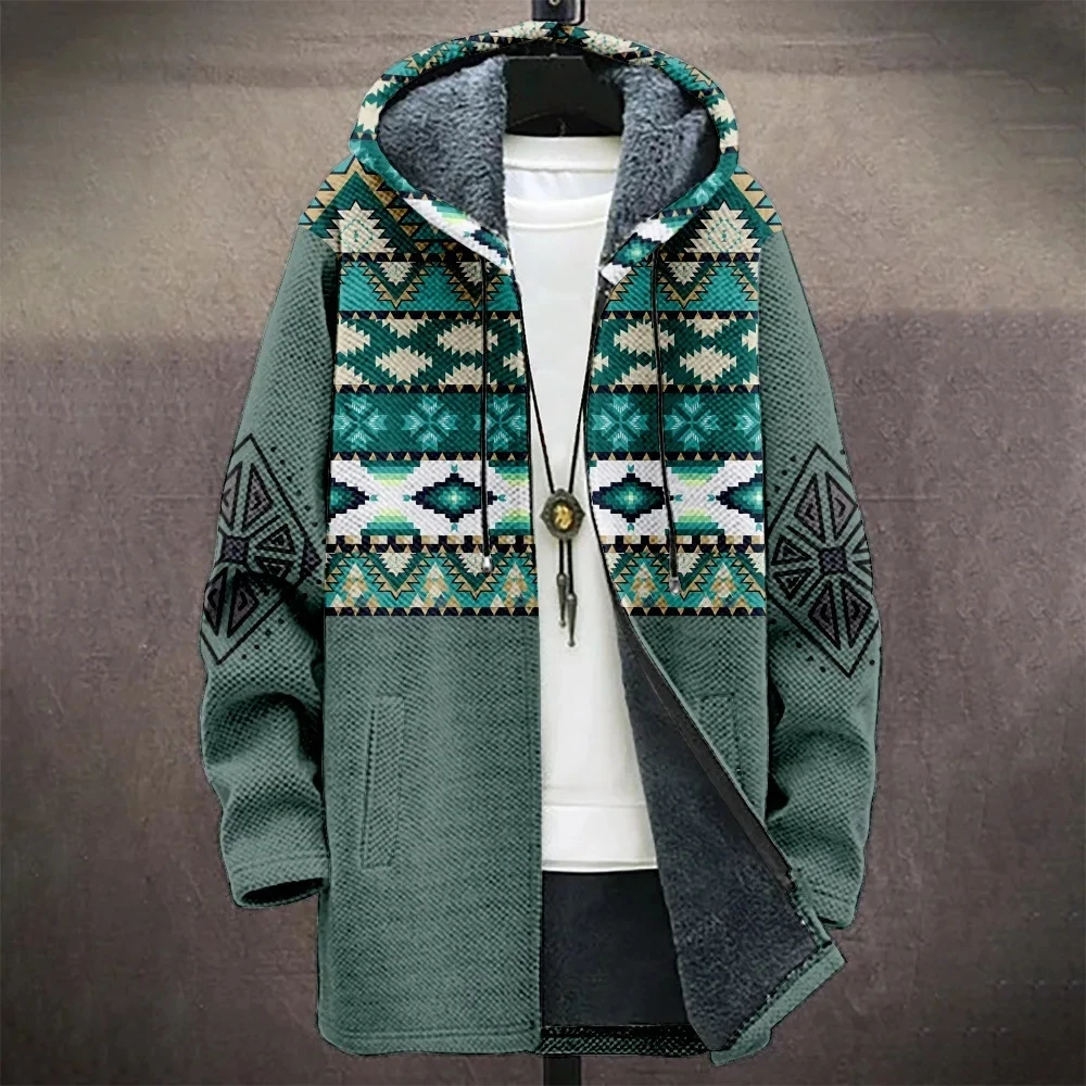

New Winter Fashion Men's Zipper Jacket Youth Aztec Elements 3D Printed Zipper Hoodie Neutral Wool Long Thick Warm Coat Z0347