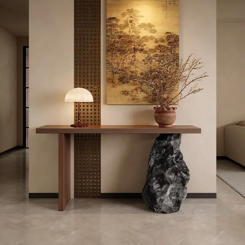 طاولة مدخل من الخشب الصلب بالكامل على الطراز المتوسط القديم، طاولة مدخل ممر إن ترانس، حجر تقليد للفيلا