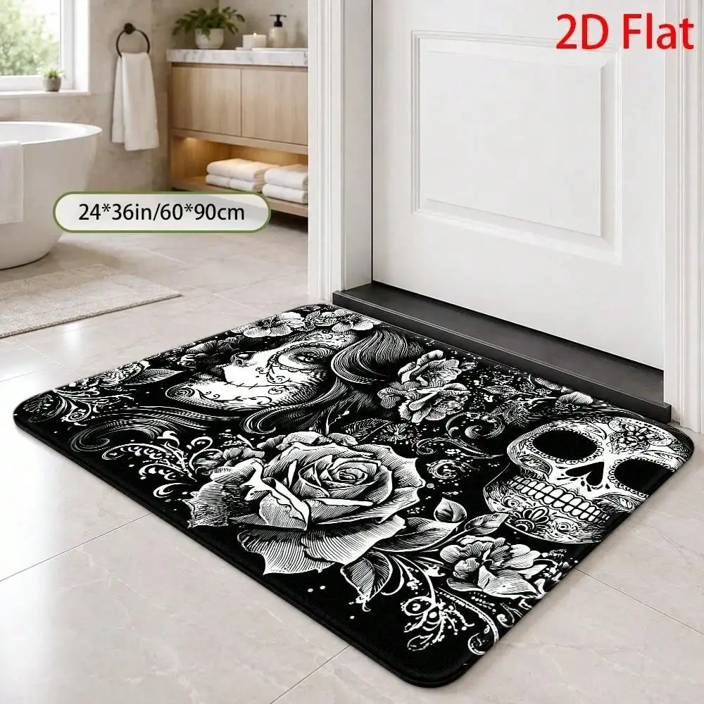 1pc Halloween 2D Flat Day Of The Dead Sugar Skull Floral Flannel Bath Mat, Black White Gothic Design, Soft Absorbent Non-Slip Machine Washable Floor Rug For Bathroom, Shower, Toilet And Holiday Home Decor