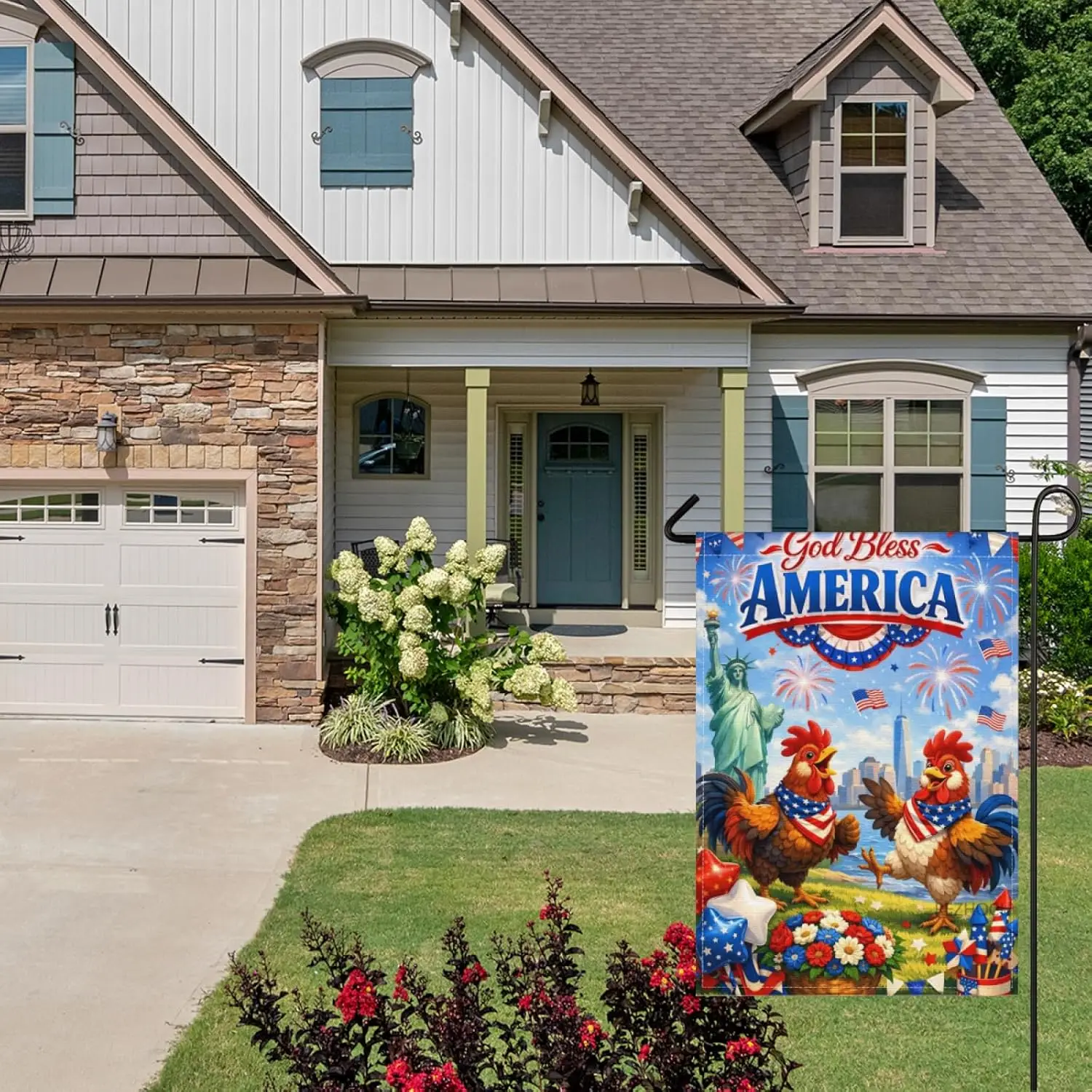 4th of July Rooster Garden Flag 28x40Inch,Patriotic Independence Day Outdoor Animal American Flag Scarf,Red White Blue Summe ZZM