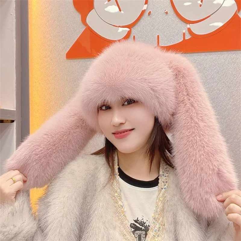 Autumn Winter Women Keep Warm Faux Fox Fur Long Ears Basin Cap Female Fashion Casual Party Music Festival Thickened Bucket Hat