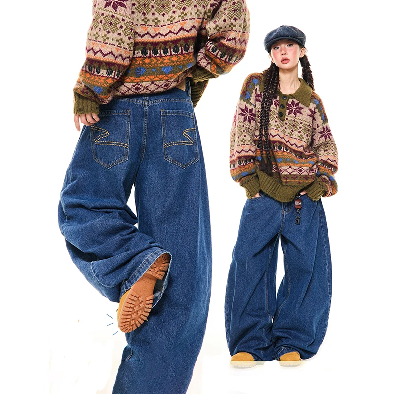

Women's Blue Y2k Wash Cargo Jeans Harajuku Vintage Baggy Wide Denim Trousers Japanese 2000s Style Oversize Jeans Pants Clothes