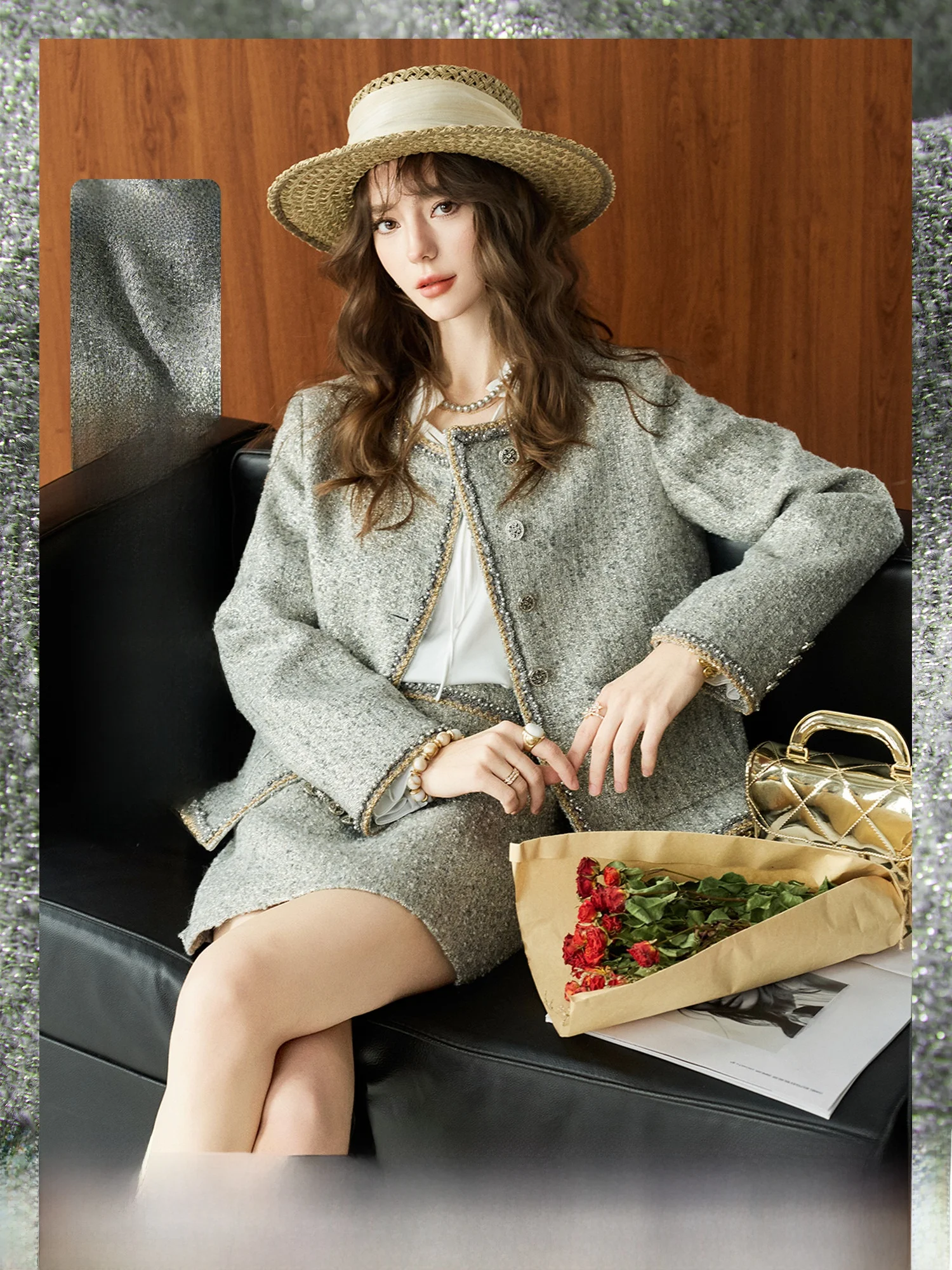 

NAGUAGU Short Woolen Coat And Skirt Set for Women Crisp Paris Fragrance Coarse Tweed Spring Fashion Outerwear Ensemble
