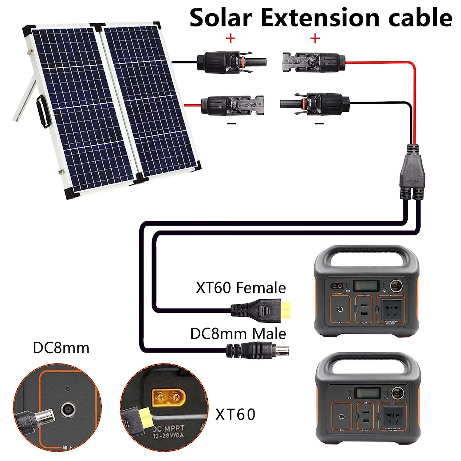 Solar Panel Generator  to DC 8mm XT60 Adapter Power Cable 16AWG Waterproof Kit Male Female Connector for Photovoltaic 1.8m/6Ft